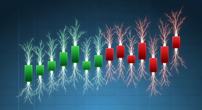Organic Volatility A Stylized Financial Chart Where Candles Sprout Electric Roots and Branches.