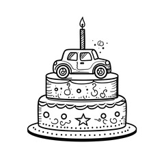 Whimsical Two Tier Birthday Cake Featuring a Small Car Topper and a Brightly Burning Candle