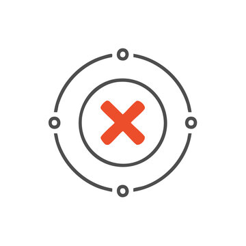 Red cross mark inside a circular target icon with connection dots symbolizes error or negative result