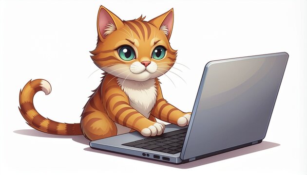 Cartoon orange tabby cat sitting at a laptop, seemingly typing with its paws.