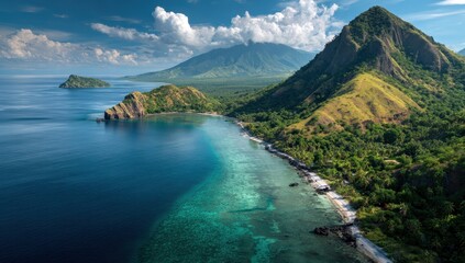 High quality photo of stunning tropical island landscape with lush green mountains and clear ocean