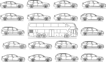 Vector set of linear car outlines and double decker bus side views including sedans wagons and suvs for transportation design isolated on white background.