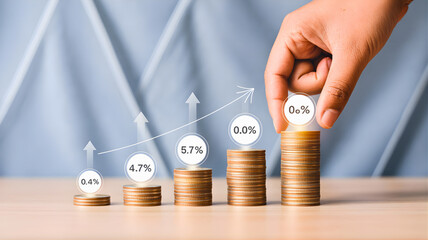 Hand stacking coins with percentage indicators and upward arrows, illustrating progressive financial growth, increasing investment, and successful wealth management strategy for future prosperity