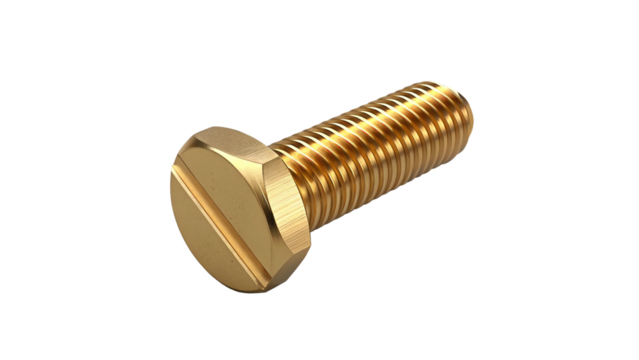 Single Fully Threaded Brass Bolt with Slotted Head Isolated on Transparent Background