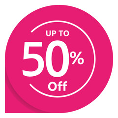Pink 50% off discount sale tag label with shadow, ideal for promotional material, advertising, banners, and marketing campaigns in PNG format.