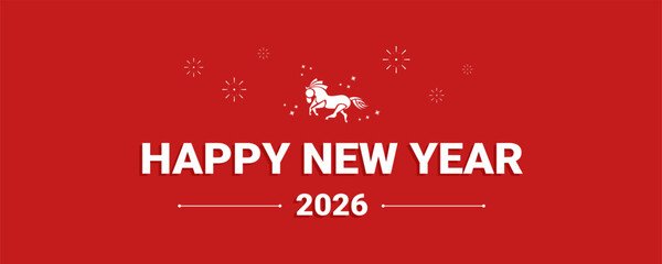 Modern red New Year 2026 banner with bold white typography, a minimalist running horse graphic, and subtle festive sparkles arranged in a balanced layout.  Design for holiday greetings.