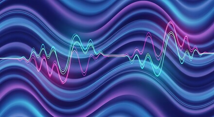 Abstract digital soundwave visualization with vibrant neon blue and purple wavy background and detailed audio spectrum