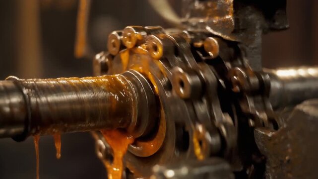 Close-up of a heavily lubricated industrial machine part, with thick golden oil dripping and coating the gears and shaft, showcasing the intricate mechanics and the importance of lubrication in machi.
