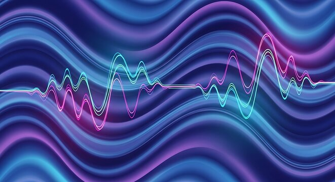 Abstract digital soundwave visualization with vibrant neon blue and purple wavy background and detailed audio spectrum