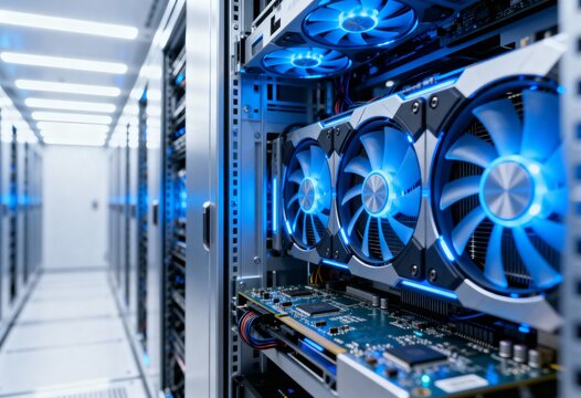 Close-up of a high-performance computing card with bright blue LED cooling fans inside a rack in a data center.