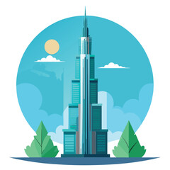 A tall, modern skyscraper with multiple levels and windows, set against a blue sky with clouds and sun, flanked by green trees