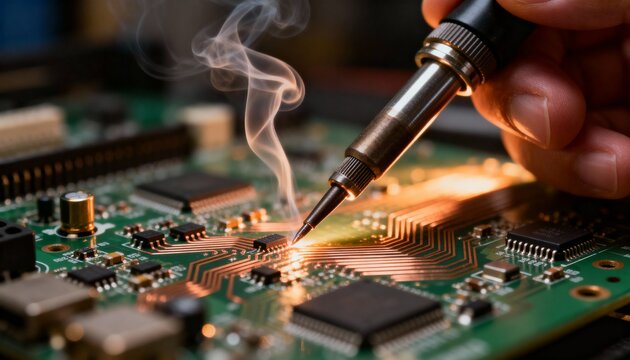 Macro shot of a soldering iron working on a green circuit board, heat and smoke rising dramatically.