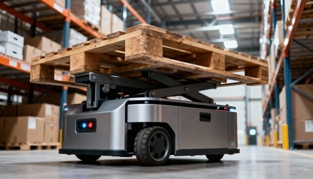 Autonomous mobile robot (AMR) transporting a wooden pallet through a large industrial warehouse.