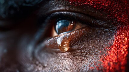 A close-up of a striking human eye adorned with vibrant red paint, capturing a poignant moment of emotion, highlighted by a single tear that enhances the raw beauty and depth of expression.