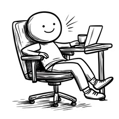 Communicative Stick Figure Person Actively Speaking During Video Call on Laptop with Coffee