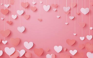 Pink background with hanging paper hearts in light and dark shades for valentine's day decor