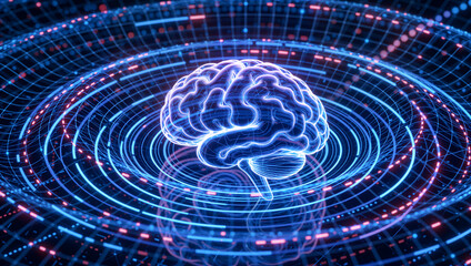 Artificial intelligence brain with glowing circles and circuit board, representing advanced technology concept