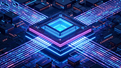 Futuristic microchip processor with glowing neon light, representing advanced technology and computing power