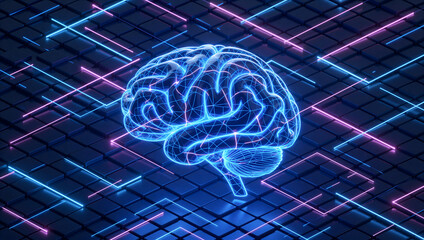 Artificial intelligence brain with glowing lines and circuit board, representing advanced technology concept