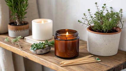 Amber soy candle burning in a jar beside matches and plants