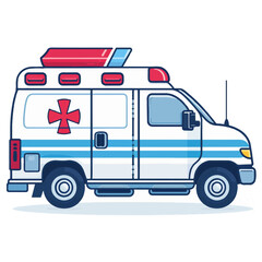white ambulance with red and blue stripes and a red cross symbol