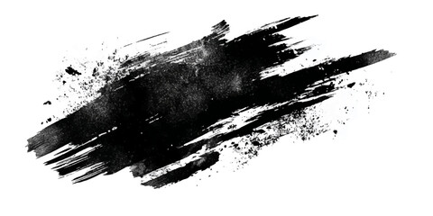 Abstract black ink splatter brush stroke with textured paint splashes and drips on white background
