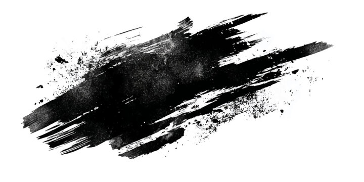 Abstract black ink splatter brush stroke with textured paint splashes and drips on white background