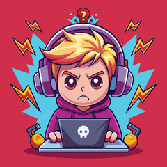 Angry young gamer boy with headphones frustrated by a problem on his laptop, surrounded by lightning bolts