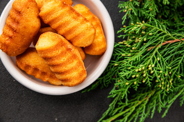 Madeleine sweet biscuit dessert tasty snack fresh delicious gourmet food table setting rustic food top view copy space