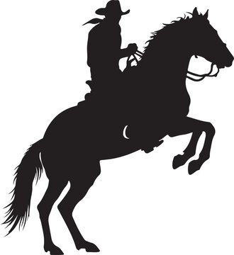 Silhouette of cowboy riding a horse reering up in black vector image