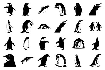 Penguin Silhouette Vector Icons Set: 24 Diverse Poses and Actions