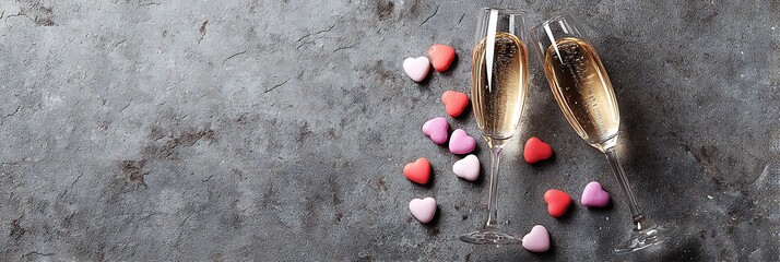 Two champagne flutes with heart shaped candies on a textured gray surface for a romantic celebration