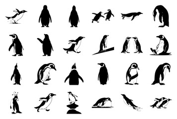 Penguin Silhouette Vector Icons Set: 24 Diverse Poses and Actions