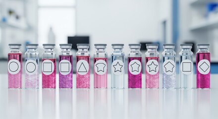 Colorful laboratory vials with geometric shapes in scientific setting