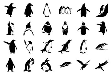 Penguin Silhouette Vector Icons Set: 24 Diverse Poses and Actions