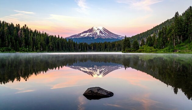 A serene mountain lake mirrors a snow-capped peak and dense evergreen forest during a colorful sunrise, with a rock in the foreground.