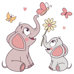 Baby Elephants with Butterflies and Hearts &ndash; Whimsical Cartoon Poster