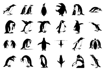Penguin Silhouette Vector Icons Set: 24 Diverse Poses and Actions