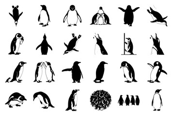 Penguin Silhouette Vector Icons Set: 24 Diverse Poses and Actions