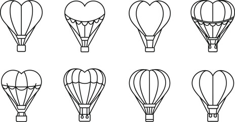 Linear illustration of eight hot air balloons in varying shapes and styles