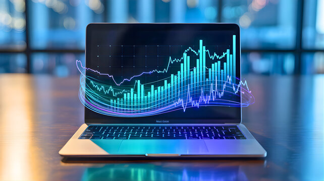 Laptop displaying vibrant digital financial charts and data, symbolizing market analysis, investment trends, and technological insights for business strategy