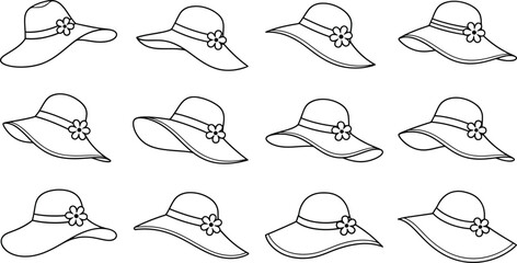 A collection of minimalist black and white sun hats with floral details