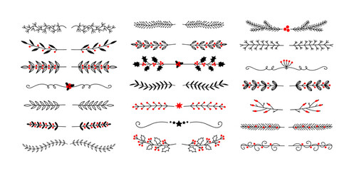 Obraz premium Christmas dividers set. Hand drawn ornamental winter holiday text decor border, Xmas floral underline, ornamental wedding card doodle separator with fir and holly branches. Vector isolated set