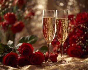 Two champagne flutes with bubbles and red roses on a golden fabric background in soft romantic light