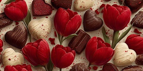 A romantic arrangement of red tulips and heart shaped chocolates on a light colored surface