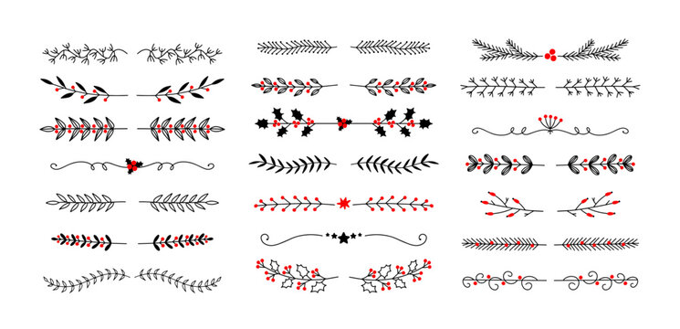 Christmas dividers set. Hand drawn ornamental winter holiday text decor border, Xmas floral underline, ornamental wedding card doodle separator with fir and holly branches. Vector isolated set