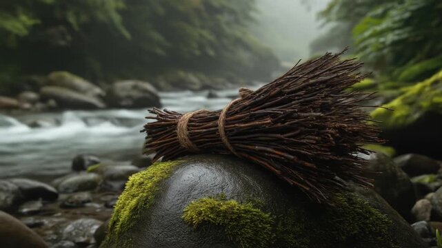 A bundle of twigs is tied with twine resting on a mossy rock in a lush, green forest stream