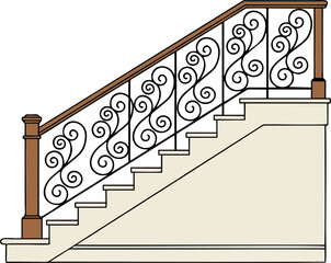 Elegant Scrollwork Vector Stair Railing Illustration &ndash; Ornamental Wrought Iron with Wooden Handrail