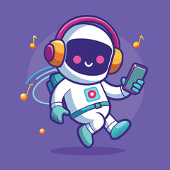 Cute cartoon astronaut character with headphones listening to music and holding a smartphone