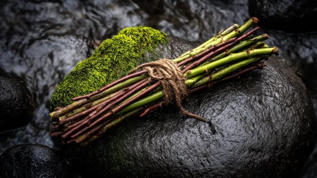 A bundle of green and brown twigs tied with twine rests on a dark, wet stone